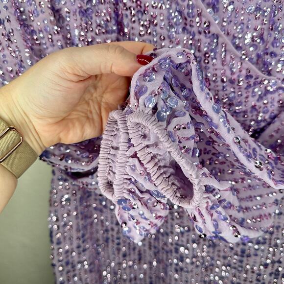 Mac Duggal Sequin Illusion Long Puff Sleeve 107641 Evening Tea Length Midi Dress - Picture 7 of 16